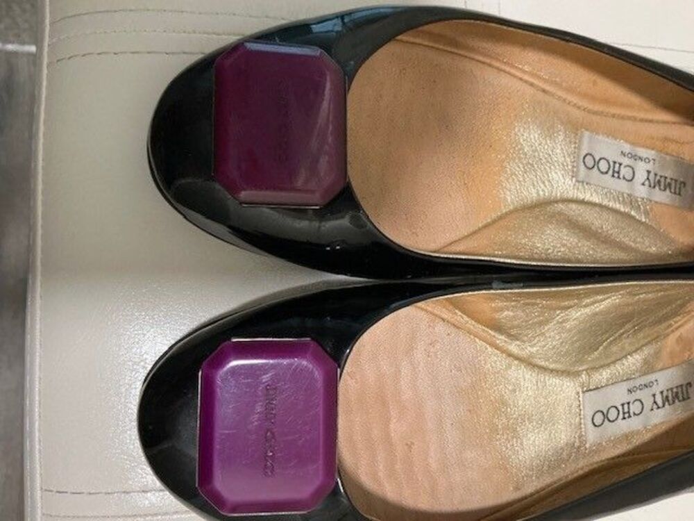 Jimmy Choo Black Patent Leather Ballet Flats with Purple Toe Accent & Heel Logo - Picture 3 of 8